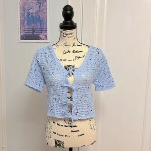 Baby Blue Yarn Short Sleeve Knit Cardigan Cover Up Ties
